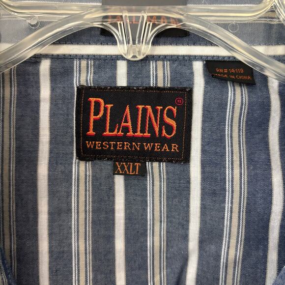 Plains Western Wear Men’s XXL Tall Short Sleeve Shirt Blue White Stripe Snap - Picture 2 of 3